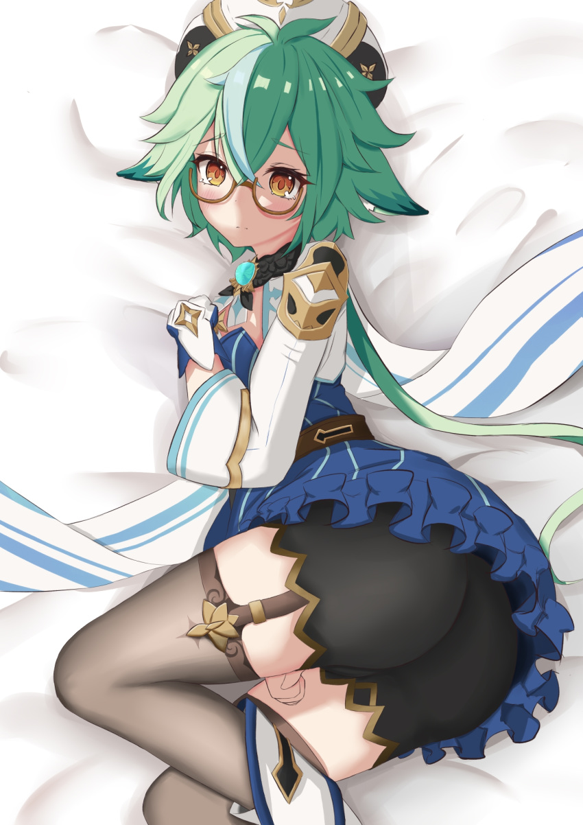 1girl animal_ears ass bed_sheet beret blue_dress boots cape clenched_hands dress frilled_skirt frills fur_trim genshin_impact glasses gloves gold_trim green_hair hand_on_own_chest hat highlights highres looking_at_viewer luochao0524 multicolored_hair on_bed ponytail shorts skirt sucrose_(genshin_impact) thigh-highs yellow_eyes