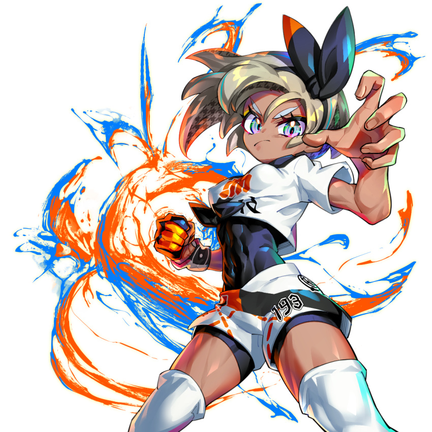 1girl aura bea_(pokemon) bodysuit breasts colorful dark_skin dedeen frown gloves grey_hair gym_leader hairband looking_at_viewer pokemon pokemon_(game) pokemon_swsh punching shorts single_glove small_breasts solo toned