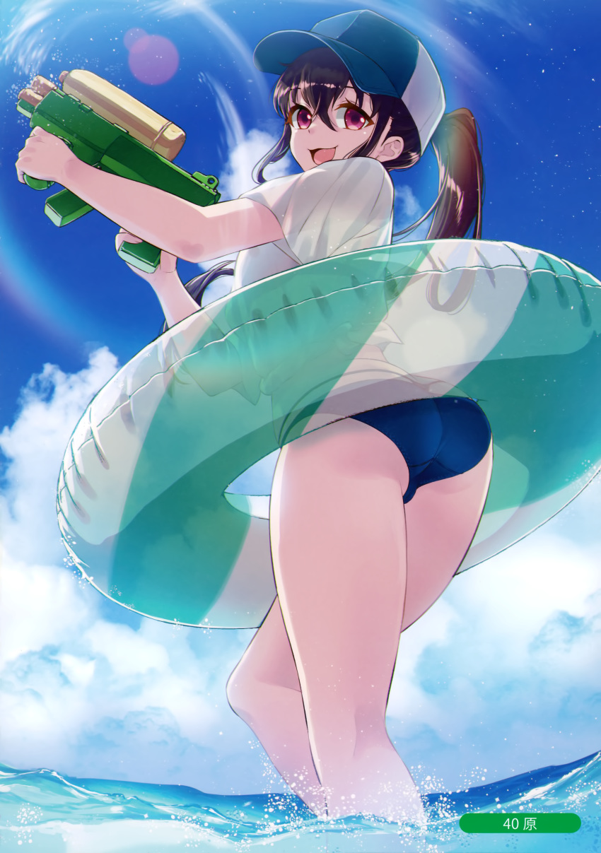 40hara absurdres ass bangs baseball_cap blue_sky brown_hair clouds cloudy_sky day hat highres innertube long_hair looking_at_viewer melonbooks open_mouth outdoors partially_submerged ponytail scan see-through short_sleeves sky smile thighs tied_hair violet_eyes water water_gun