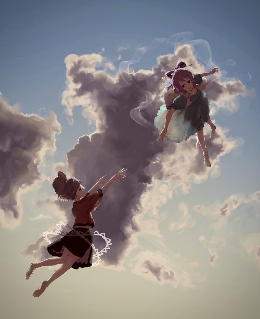 2girls as_scolipede bangs barefoot black_eyes black_skirt blue_dress blue_hair breasts cabbie_hat clouds cloudy_sky commentary_request dress flying frilled_skirt frills full_body hagoromo hair_between_eyes hair_ornament hair_rings hair_stick hat headwear_removed highres jiangshi kaku_seiga lace looking_at_another medium_breasts medium_hair miyako_yoshika multiple_girls no_shoes ofuda outstretched_arms puffy_short_sleeves puffy_sleeves purple_hair reaching_out red_shirt shawl shirt short_hair short_sleeves skirt sky socks star_(symbol) touhou vest white_legwear white_vest wide_sleeves zombie_pose