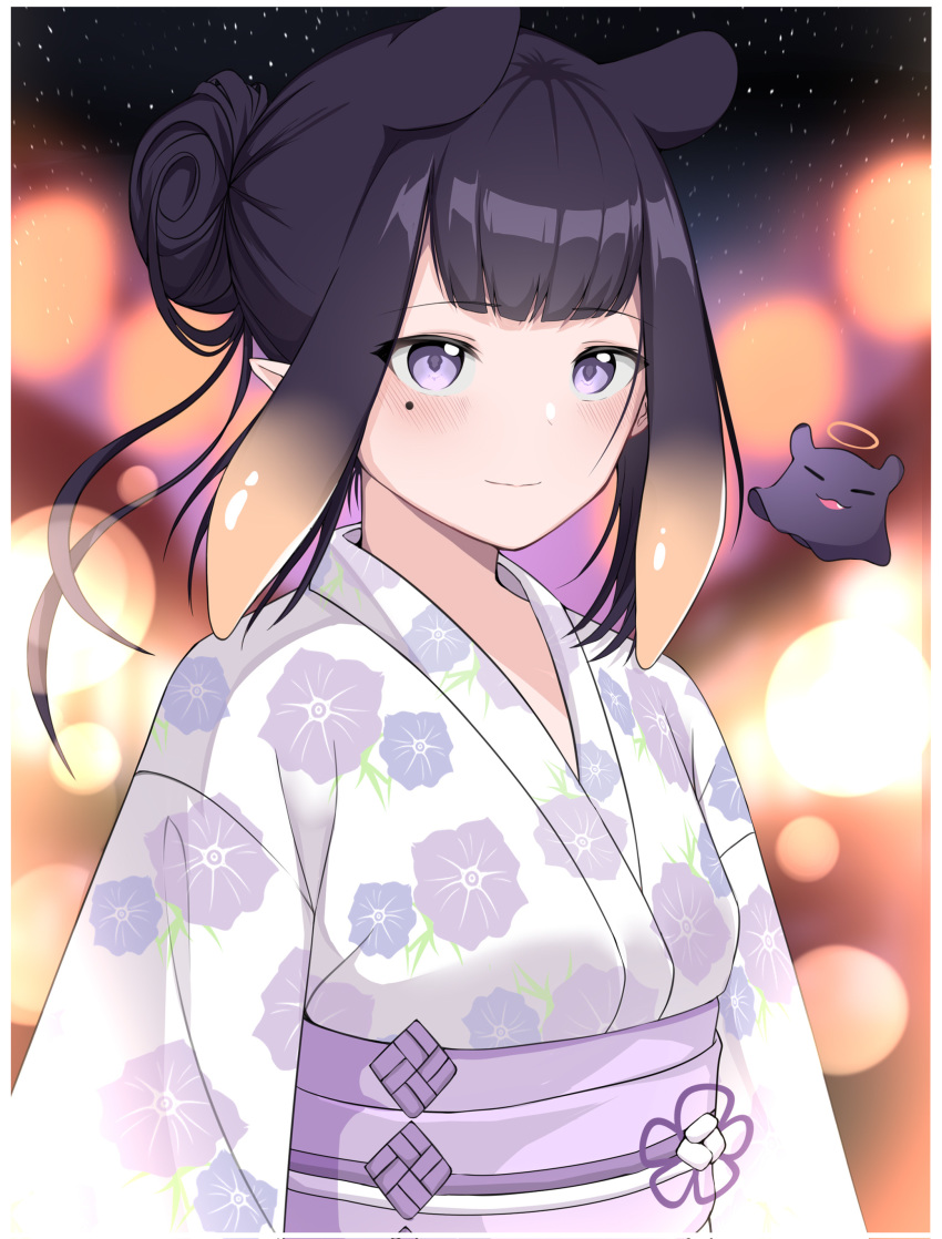 1girl absurdres black_hair english_commentary falaoee hair_bun halo highres hololive hololive_english japanese_clothes kimono light_blush looking_at_viewer mole mole_under_eye ninomae_ina'nis pointy_ears solo tako_(ninomae_ina'nis) violet_eyes virtual_youtuber yukata