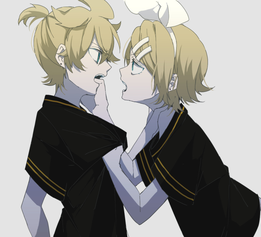 1boy 1girl ahoge angry aqua_eyes arguing black_shirt blonde_hair bow brother_and_sister earrings eiku eye_contact face-to-face finger_in_mouth frown hair_bow hair_ornament hairclip hands_on_another's_neck jewelry kagamine_len kagamine_rin looking_at_another mouth_pull muted_color open_mouth pale_skin shirt shirt_grab short_ponytail siblings sketch twins vocaloid