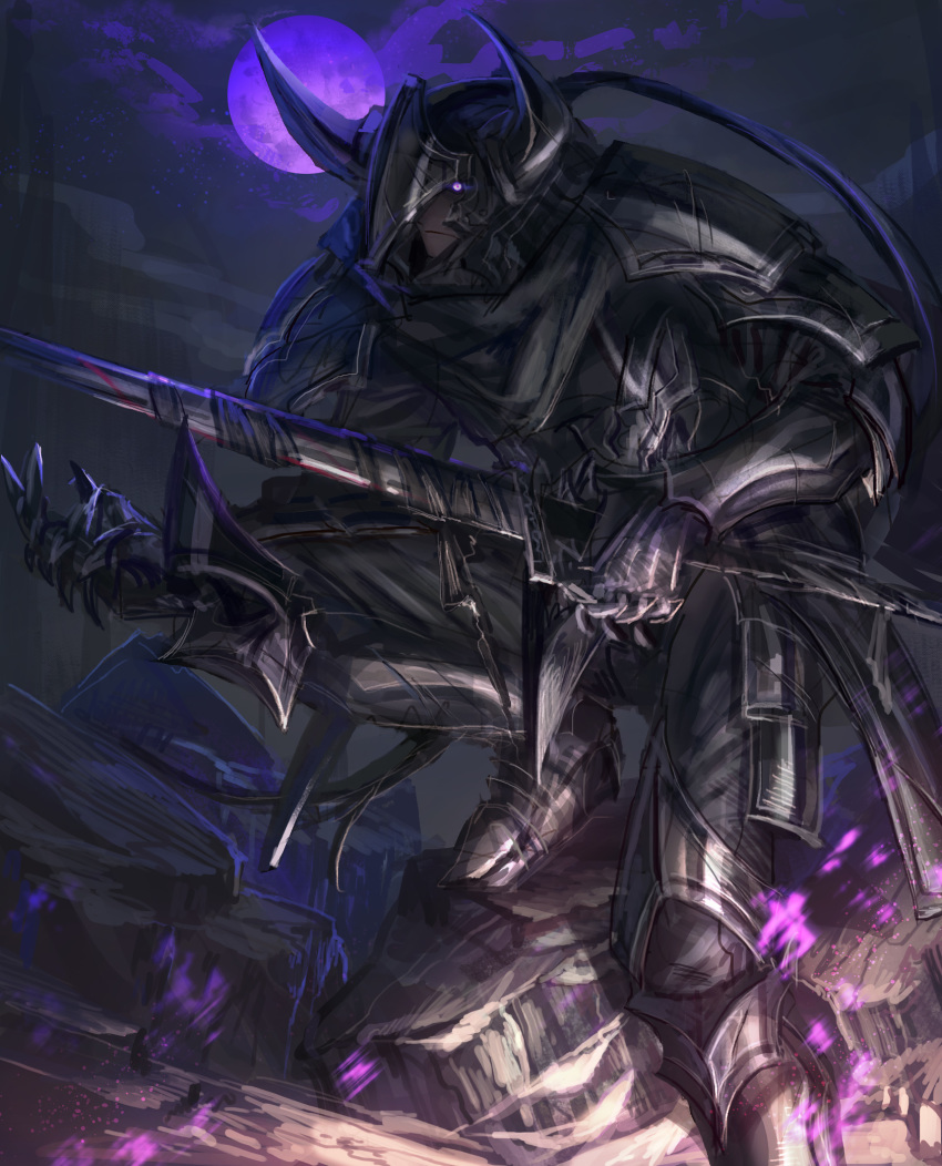 1boy armor bad_id bad_pixiv_id black_armor full_moon gauntlets glowing glowing_eyes greaves helmet highres holding holding_sword holding_weapon horned_helmet left-handed long_hair looking_at_viewer moon night original pauldrons ponytail purple_moon sheath sheathed shichigatsu shoulder_armor solo sword violet_eyes weapon