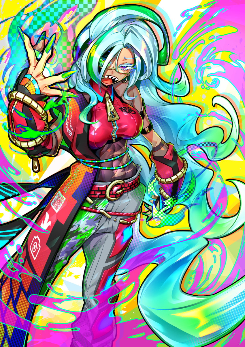 1girl :o absurdres bangs bare_shoulders belt breasts colorful dedeen dive_to_zone fingernails hair_between_eyes heterochromia highres instagram large_breasts long_hair midriff multicolored multicolored_background multicolored_hair navel pants qr_code sharp_teeth teeth twitter zipper zipper_pull_tab