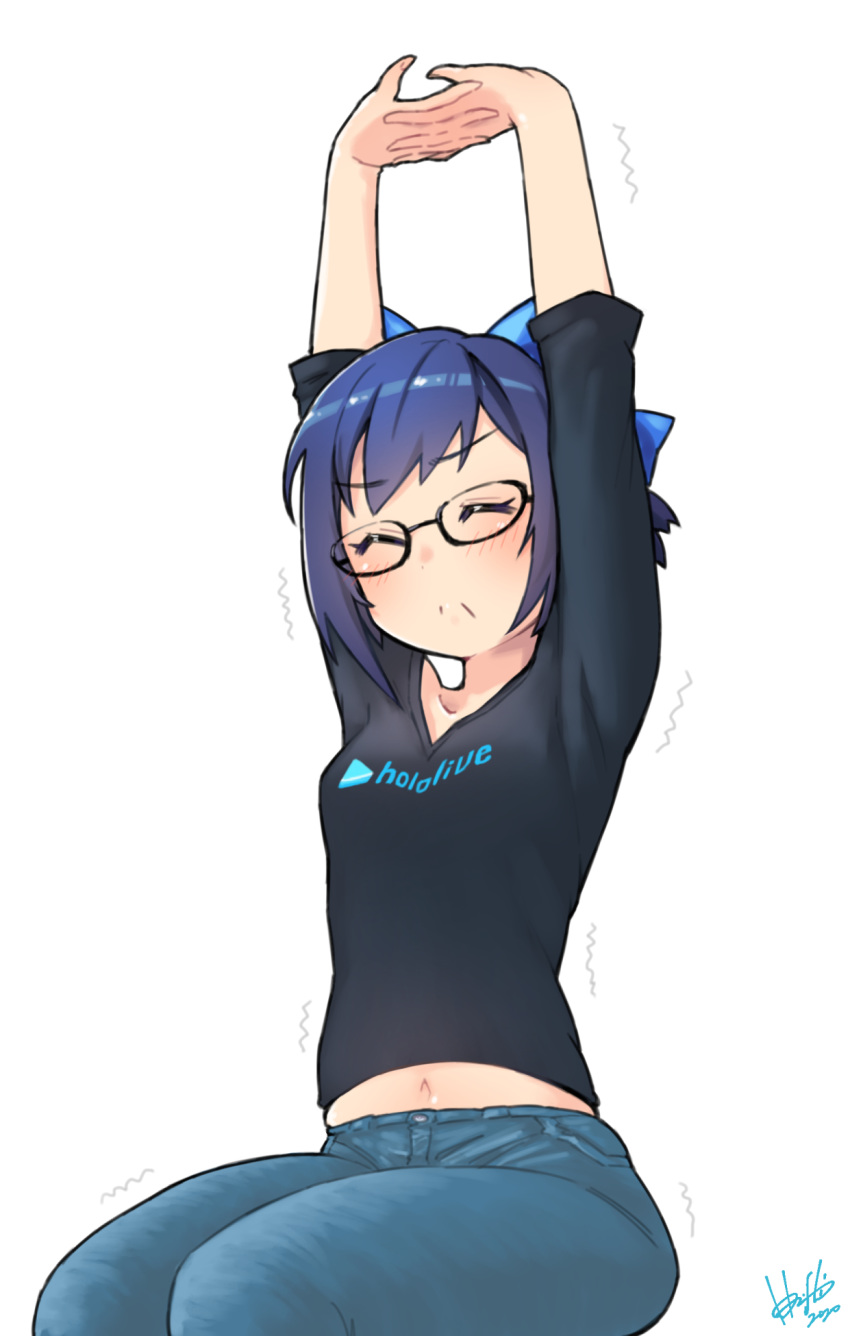 1girl arms_up black_shirt blue_bow blue_hair bow breasts closed_eyes collarbone commentary denim glasses grey_background hair_bow highres hololive hori_shin interlocked_fingers jeans medium_hair navel pants shirt shirt_lift signature simple_background sitting sleeves_rolled_up small_breasts solo stretch thighs tight tight_pants trembling v-neck yuujin_a_(hololive)