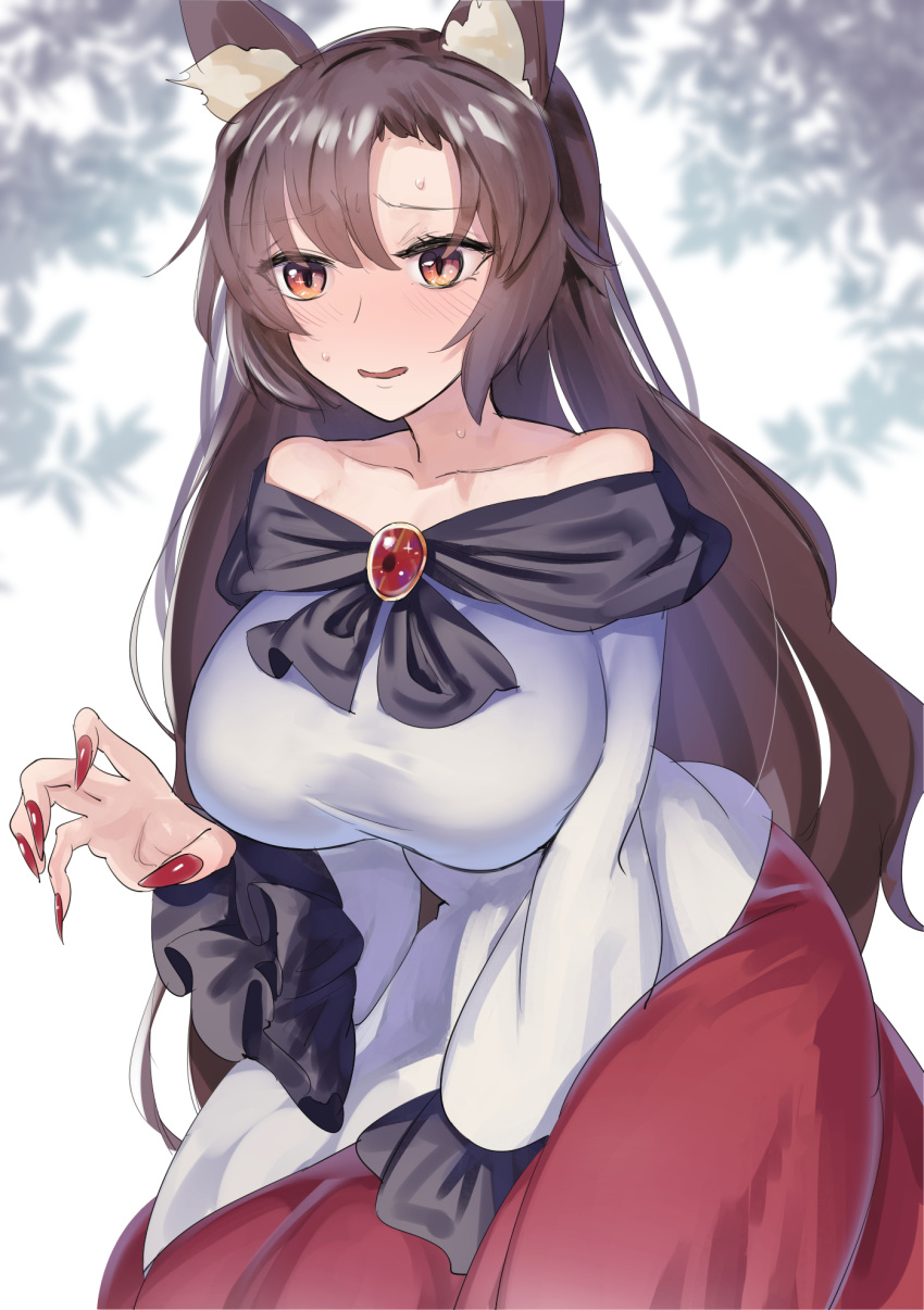 1girl animal_ear_fluff animal_ears bangs bare_shoulders between_legs breasts brooch brown_hair collarbone eyebrows_visible_through_hair eyes_visible_through_hair fingernails furrowed_eyebrows gunnjou_yosio hair_between_eyes hand_between_legs highres imaizumi_kagerou jewelry large_breasts long_fingernails long_hair long_sleeves multicolored multicolored_eyes nail_polish nervous_smile off_shoulder open_mouth orange_eyes red_eyes red_nails sharp_fingernails smile solo sweat touhou very_long_hair wolf_ears