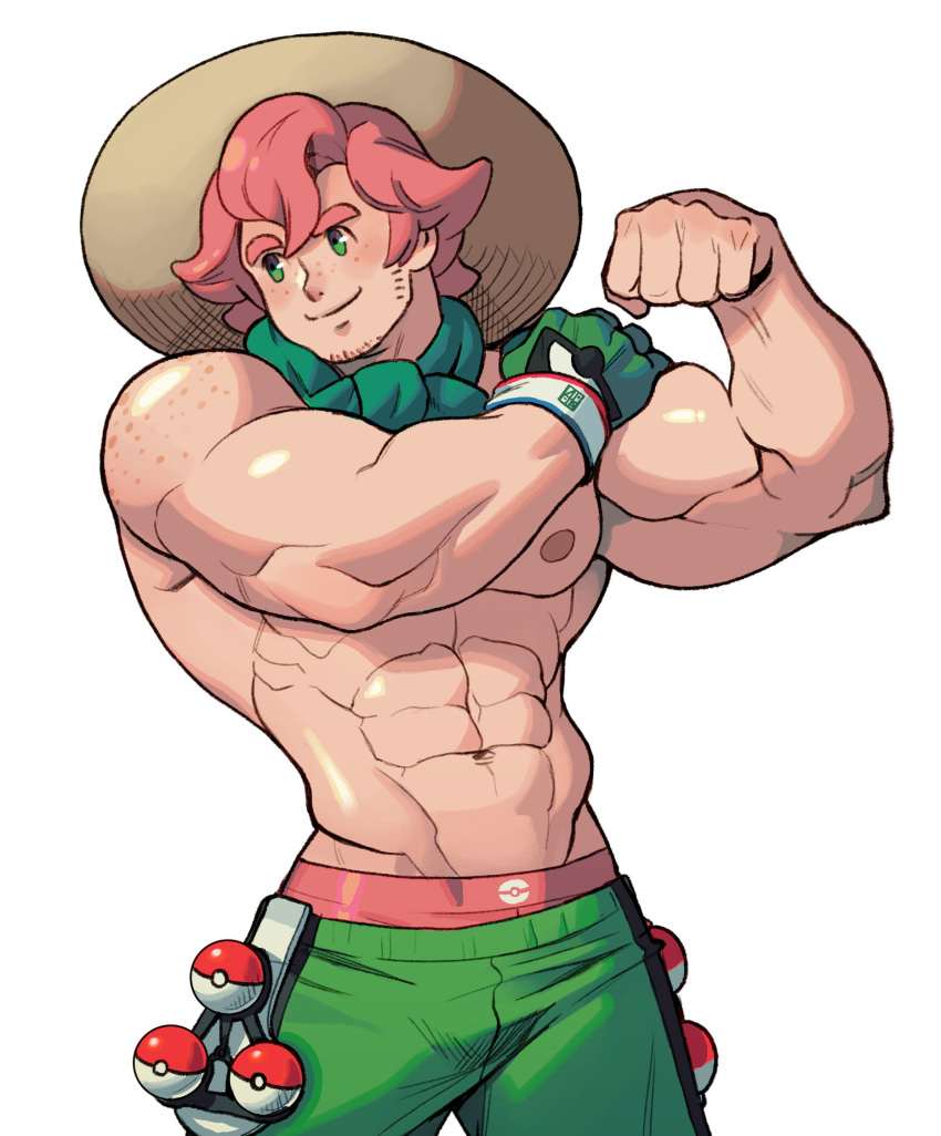 1boy abs alejandro_tio bara bare_chest beige_headwear chest clenched_hand closed_mouth commentary dynamax_band flexing freckles gloves green_eyes gym_leader hands_up hat highres looking_to_the_side male_focus milo_(pokemon) muscle navel navel_hair nipples pink_hair poke_ball poke_ball_(basic) pokemon pokemon_(game) pokemon_swsh pose shirtless single_glove smile solo sun_hat