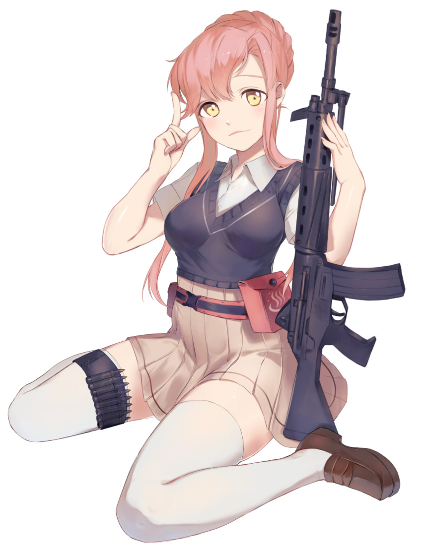 1girl assault_rifle belt belt_pouch black_vest braid braided_bun brown_footwear brown_skirt character_request closed_mouth collared_shirt gun hair_bun highres holding holding_gun holding_weapon hoojiro howa_type_89 index_finger_raised loafers looking_at_viewer miniskirt pink_hair pleated_skirt pouch rick_g_earth rifle school_uniform shirt shoes short_sleeves simple_background sitting skirt smile solo thigh-highs vest wariza weapon white_background white_legwear white_shirt wing_collar yellow_eyes