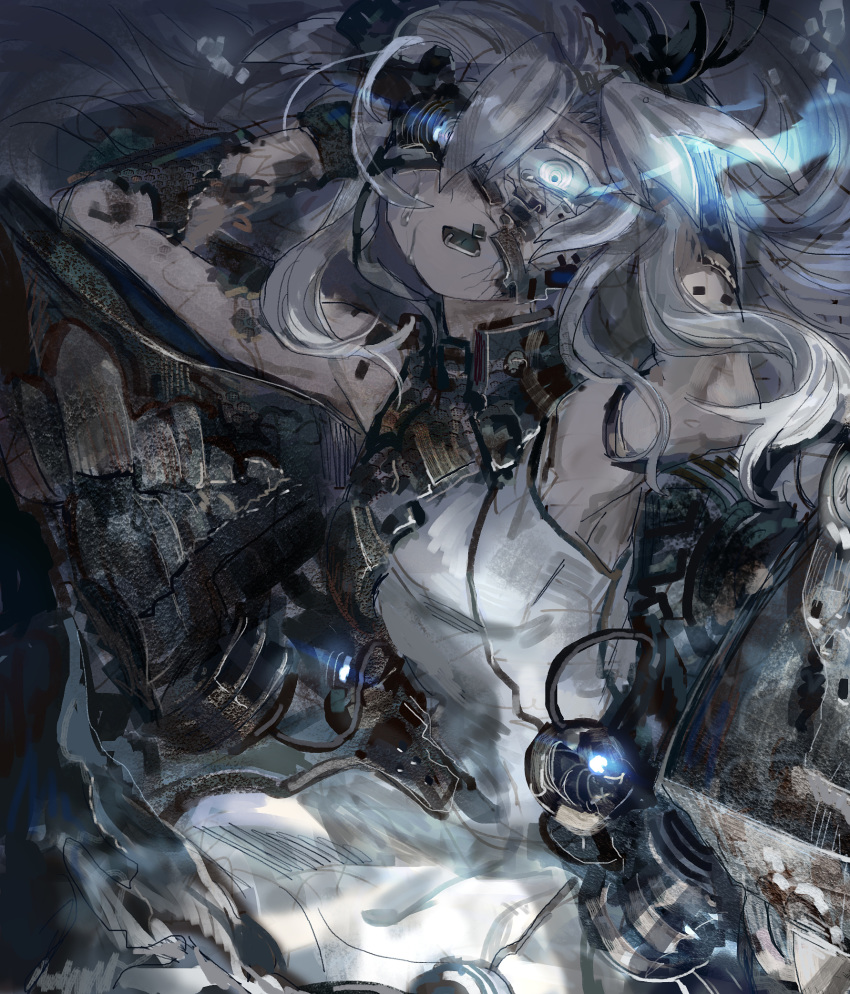 1girl android arms_behind_head bad_id bad_pixiv_id cracked_skin d: damaged dress glowing glowing_eyes hair_between_eyes highres light_trail long_hair looking_at_viewer open_mouth original ringed_eyes shichigatsu silver_hair solo tears white_dress white_eyes white_skin