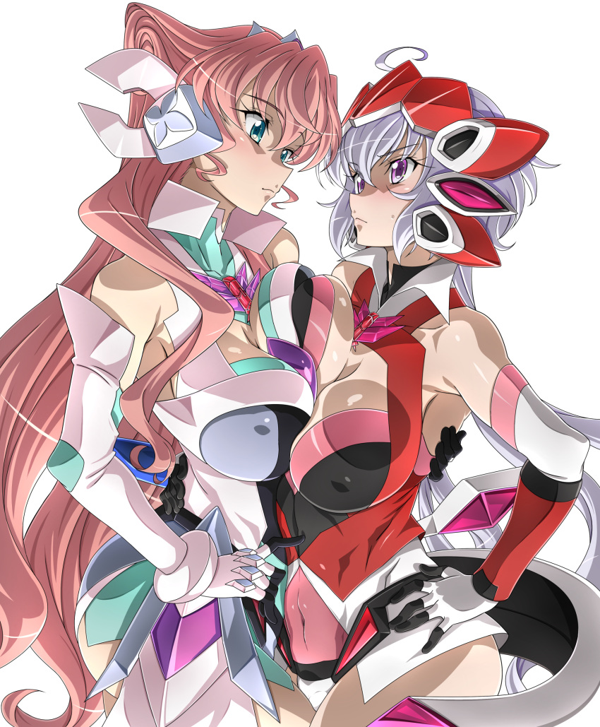 2girls ahoge aqua_eyes arm_around_waist bare_shoulders blush breast_press breasts covered_navel covered_nipples elbow_gloves eye_contact gloves goridou headgear highres large_breasts leotard light_purple_hair long_hair looking_at_another low_twintails maria_cadenzavna_eve multiple_girls pink_hair red_leotard senki_zesshou_symphogear shiny shiny_hair shiny_skin simple_background standing symmetrical_docking twintails violet_eyes white_background white_leotard yukine_chris