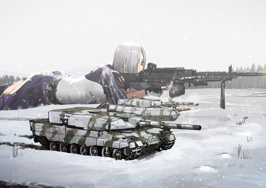 1girl absurdres aqua_eyes bangs black_gloves camouflage commentary commission dress feet_out_of_frame fingerless_gloves giant giantess girls_frontline gloves grey_hair ground_vehicle gun h&amp;k_mg5 hair_over_one_eye hanabusaraleigh highres holding holding_gun holding_weapon looking_away lying machine_gun medium_hair mg5_(girls'_frontline) military military_vehicle motor_vehicle on_stomach pixiv_request rifle shell_casing snow snowflakes snowing solo tank weapon white_dress winter
