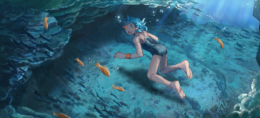 1girl :d absurdres air_bubble akari_(shichigatsu) ass bad_id bad_pixiv_id barefoot blue_hair blush bracelet bubble coral coral_reef fish freediving from_behind highres jewelry light_rays one-piece_swimsuit open_mouth orange_eyes original scenery school_of_fish shichigatsu short_hair smile soles solo sunbeam sunlight swimming swimsuit underwater