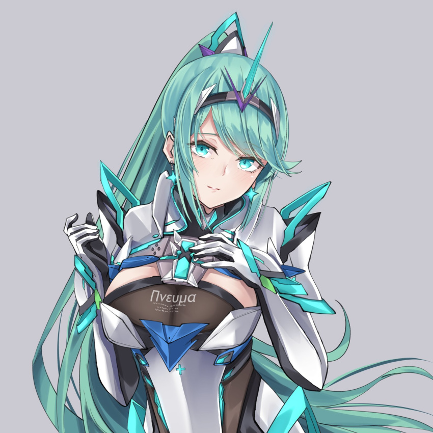1girl bangs breasts chest_jewel earrings gloves green_eyes green_hair grey_background head_tilt highres jewelry large_breasts long_hair long_ponytail pneuma_(xenoblade) ponytail sarasadou_dan simple_background solo swept_bangs tiara upper_body very_long_hair xenoblade_chronicles_(series) xenoblade_chronicles_2