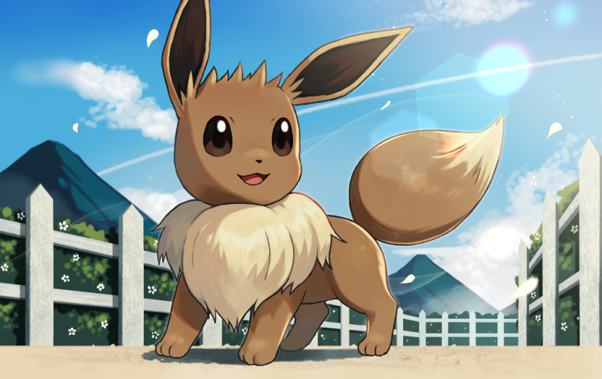 :d blue_sky brown_eyes bush clouds day eevee fence flower full_body gen_1_pokemon lens_flare looking_away looking_to_the_side no_humans open_mouth outdoors petals pokemon pokemon_(creature) road shibainu sky smile solo standing white_flower wooden_fence