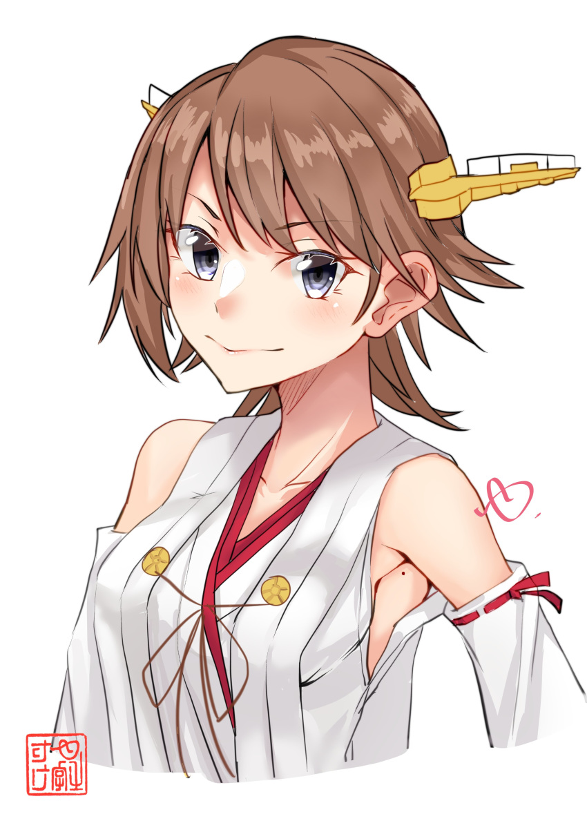 1girl absurdres artist_logo brown_hair detached_sleeves flipped_hair green_skirt hairband headgear hiei_(kantai_collection) highres japanese_clothes kantai_collection looking_at_viewer ribbon-trimmed_sleeves ribbon_trim short_hair simple_background skirt solo upper_body white_background yunoji_yusuke