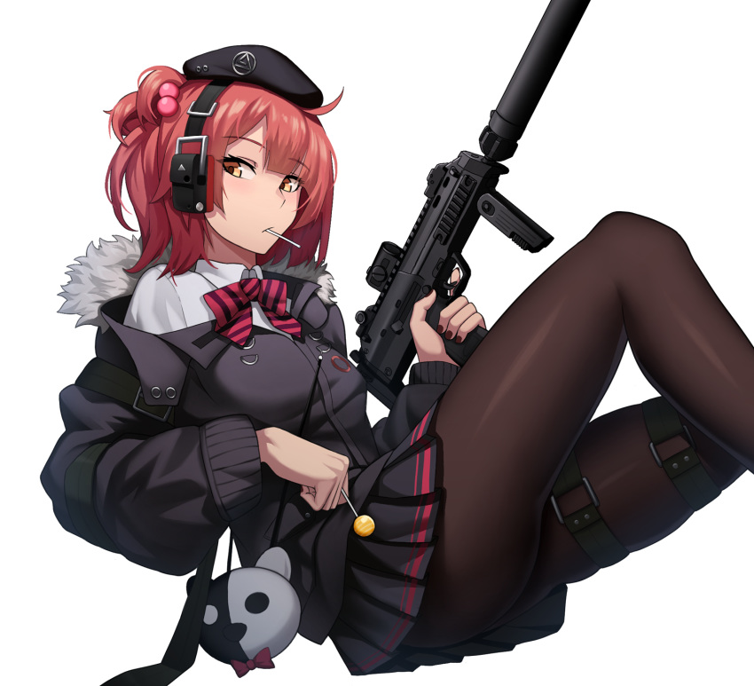 1girl ahoge bangs beret black_legwear breasts candy cero_(last2stage) food fur_trim girls_frontline gun h&amp;k_mp7 hair_ornament hat headphones highres holding jacket knee_up lollipop looking_at_viewer medium_breasts mp7_(girls_frontline) one_side_up pantyhose ponytail redhead shirt simple_background skirt solo submachine_gun suppressor thigh_strap weapon white_background yellow_eyes