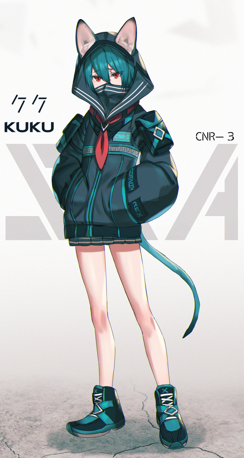 1girl absurdres animal_ears bangs bare_legs black_footwear black_jacket cat_ears cat_girl cat_tail character_name commentary_request dolce_(dolsuke) full_body green_footwear green_hair green_jacket hair_between_eyes hands_in_pockets highres hood hood_up hooded_jacket huge_filesize jacket looking_at_viewer multicolored multicolored_clothes multicolored_jacket neckerchief original red_eyes shoes skirt solo standing tail