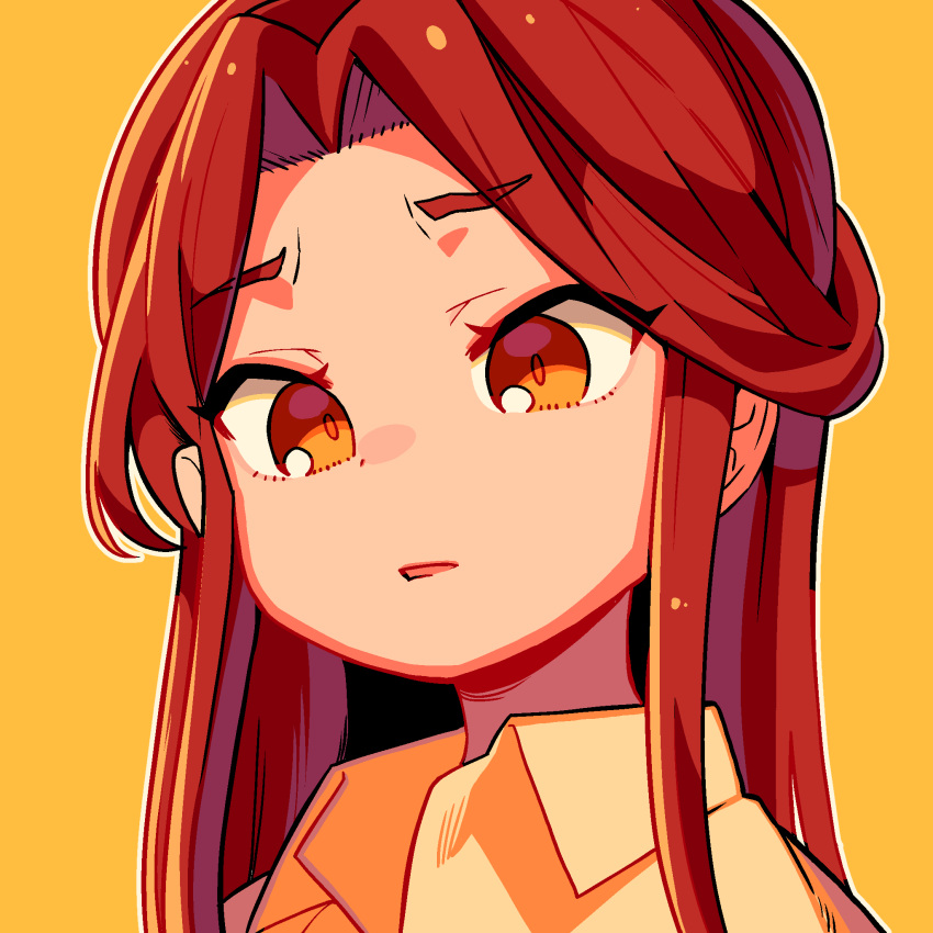 1girl brown_hair collared_shirt eyebrows_visible_through_hair highres idolmaster idolmaster_cinderella_girls long_hair looking_at_viewer moai_(more_e_4km) outline parted_lips shirt simple_background solo white_outline white_shirt yellow_background yellow_eyes zaizen_tokiko