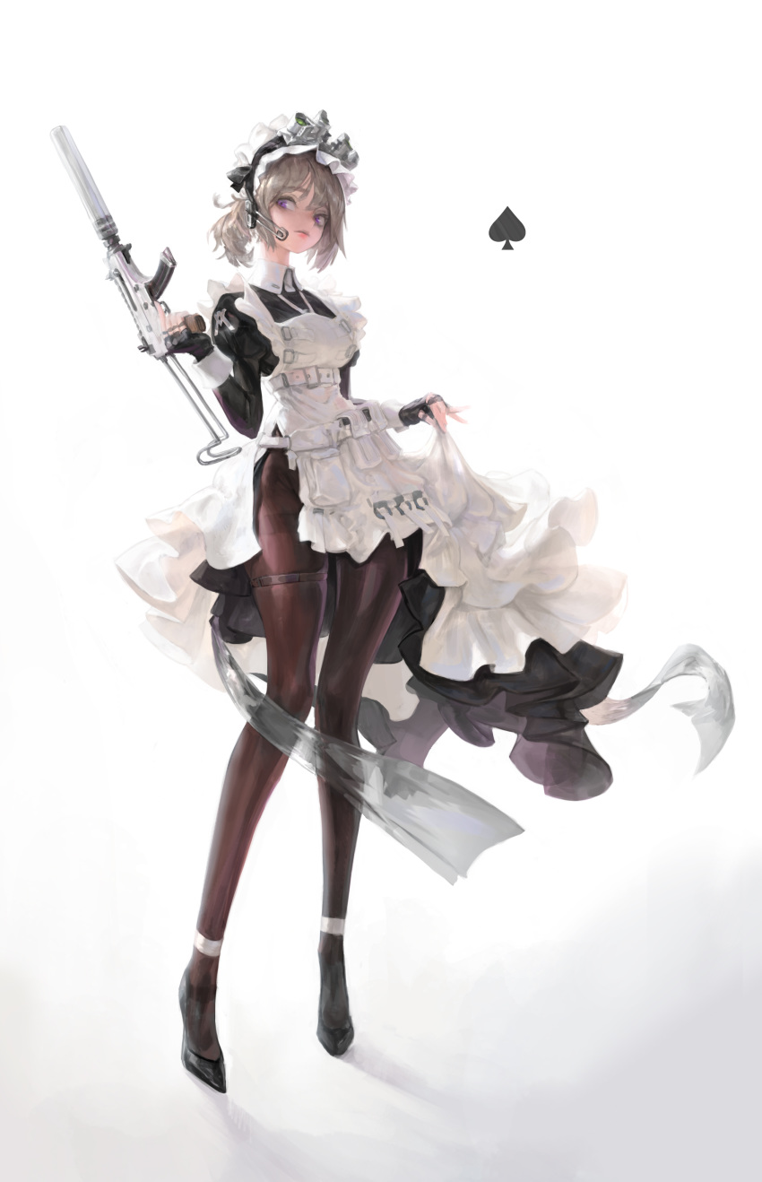 1girl absurdres agoto blonde_hair breasts eyewear_on_head gun headset highres holding holding_gun holding_weapon looking_back maid medium_breasts original solo standing symbol_commentary violet_eyes weapon