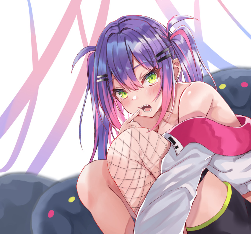 1girl :d bare_shoulders bibi_(tokoyami_towa) blush breasts choker earrings fangs fishnet_legwear fishnets green_eyes hair_ornament hairclip hololive jacket jewelry long_hair looking_at_viewer multicolored_hair navel open_mouth piercing purple_hair shorts single_thighhigh sitting smile tail tenpura_noraneko thigh-highs tokoyami_towa twintails virtual_youtuber white_jacket