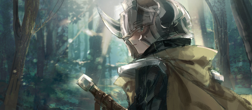 1girl armor bad_id bad_pixiv_id cape closed_mouth eyes_visible_through_headwear forest from_behind green_eyes helmet highres horned_helmet looking_at_viewer looking_back nature original pauldrons profile sheath sheathed shichigatsu shoulder_armor solo sword tree weapon yellow_cape