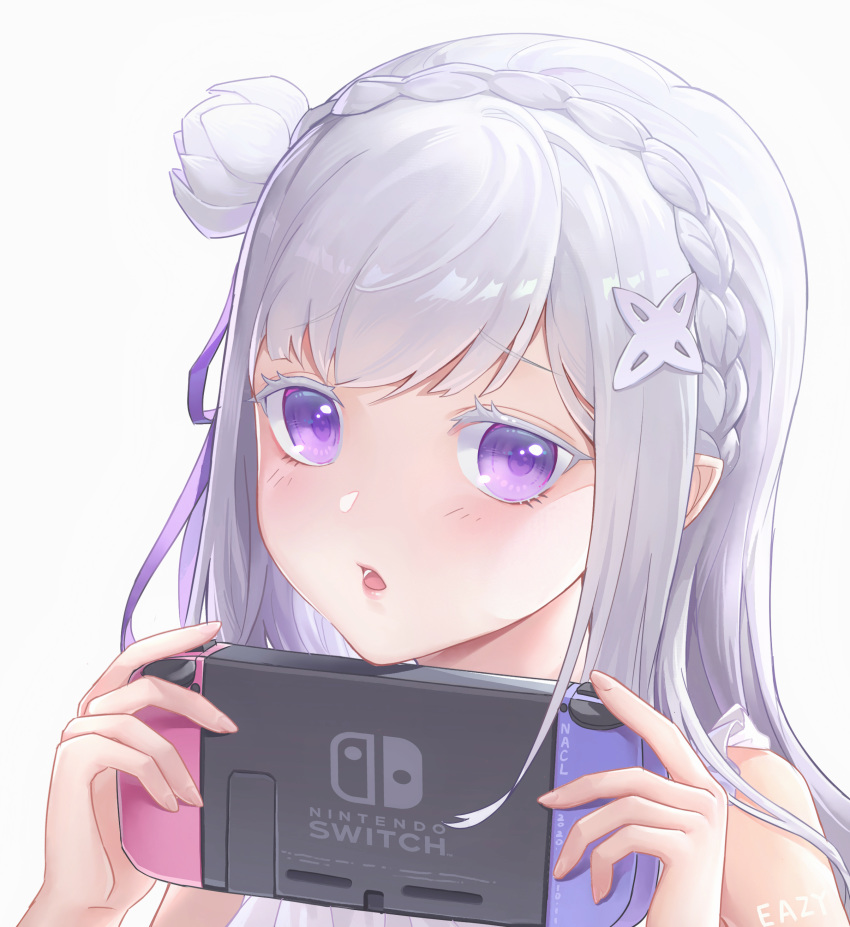 1girl :o absurdres bangs bare_shoulders blush braid commentary_request crown_braid emilia_(re:zero) eyebrows_visible_through_hair face flower french_braid hair_flower hair_ornament hair_ribbon handheld_game_console hands_up highres holding holding_handheld_game_console long_hair looking_at_viewer naclscarlet nintendo_switch open_mouth pointy_ears purple_ribbon re:zero_kara_hajimeru_isekai_seikatsu ribbon silver_hair simple_background solo upper_body violet_eyes white_flower