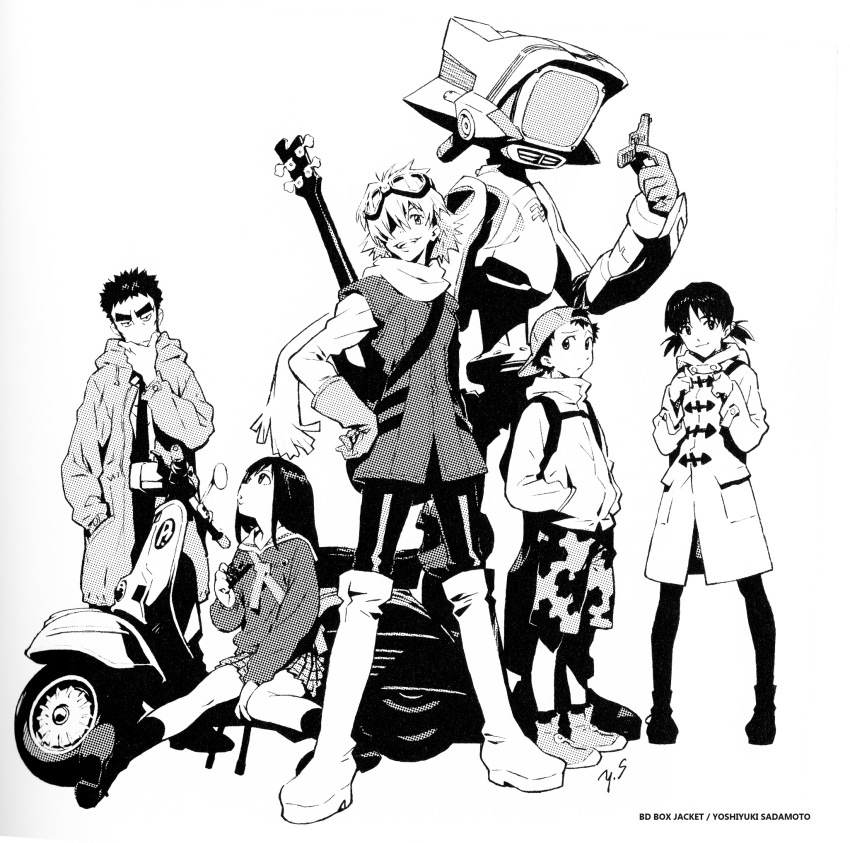 2boys 3girls amarao boat canti flcl gainax goggles ground_vehicle guitar haruhara_haruko highres instrument mecha monochrome motor_vehicle motorcycle multiple_boys multiple_girls nandaba_naota ninamori_eri official_art sadamoto_yoshiyuki samejima_mamimi standing vehicle watercraft