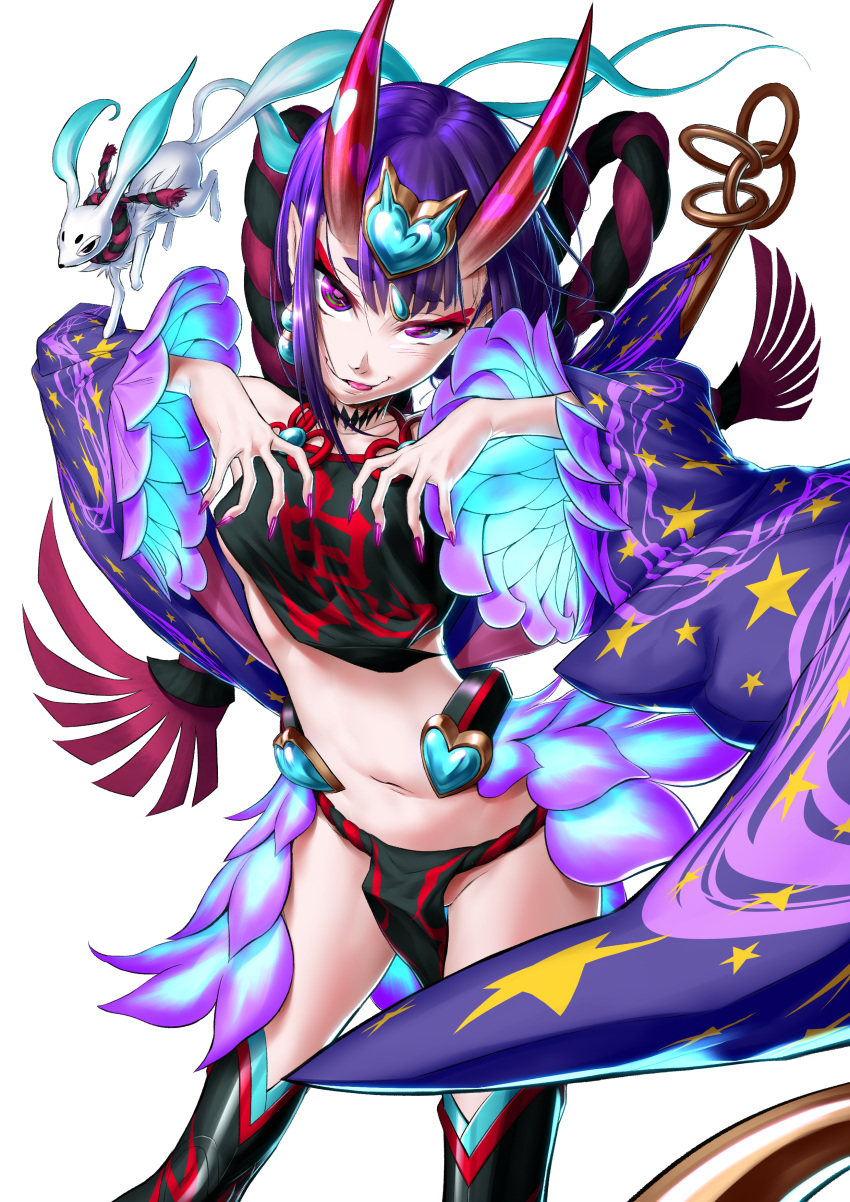 1girl :p absurdres bangs bare_shoulders blue_fire chinese_clothes claw_pose dedeen detached_sleeves dudou earrings eyeshadow fate/grand_order fate_(series) fingernails fire forehead_jewel fox headpiece heart highres horns jewelry looking_at_viewer makeup nail_polish navel oni oni_horns pelvic_curtain pointy_ears purple_hair purple_nails sharp_fingernails short_hair shuten_douji_(fate/grand_order) shuten_douji_(halloween_caster)_(fate) smile solo spirit thigh-highs tongue tongue_out violet_eyes wind