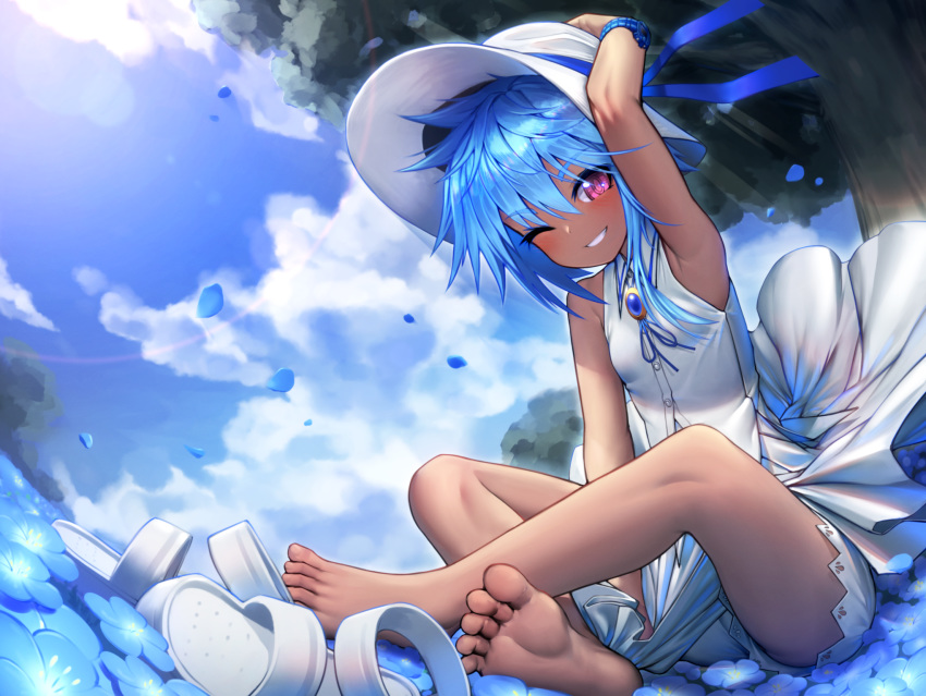 1girl ;) arm_up armpits bangs bare_arms bare_legs bare_shoulders blue_flower blue_hair blue_ribbon blue_sky blush breasts brooch clouds commentary crossed_legs dark_skin day dress eyebrows_visible_through_hair feet flower grin hair_between_eyes hand_on_headwear hat hat_ribbon highres jewelry lens_flare looking_at_viewer mitsukuni one_eye_closed outdoors petals pink_eyes ribbon shoes_removed short_hair sitting sky sleeveless sleeveless_dress small_breasts smile soles solo soui sun_hat toes tree watch watch white_dress white_headwear wixoss
