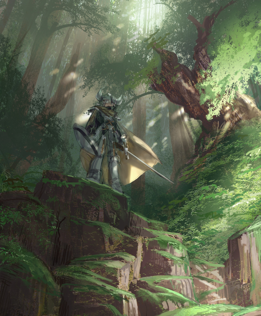1girl armor armored_boots bad_id bad_pixiv_id boots breastplate cape day forest greaves green_eyes helmet highres holding holding_sword holding_weapon horned_helmet leaf left-handed looking_at_viewer moss nature open_mouth original outdoors pauldrons rock scenery shichigatsu shield shoulder_armor solo standing sword tree weapon yellow_cape