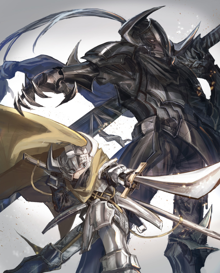 1boy 1girl armor bad_id bad_pixiv_id black_armor breastplate cape eyes_visible_through_headwear faulds gauntlets gradient gradient_background greaves green_eyes grey_background helmet highres holding holding_sword holding_weapon horned_helmet knee_guards left-handed long_hair original outstretched_arm outstretched_hand ponytail sheath shichigatsu simple_background sword weapon yellow_cape yellow_eyes
