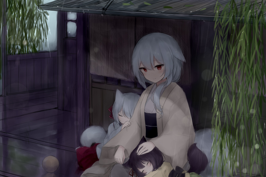 animal_ears bangs black_hair blush closed_eyes closed_mouth eyebrows eyebrows_visible_through_hair fox fox_ears fox_tail guo582 hair_between_eyes hand_on_another's_head highres japanese_clothes kimono long_sleeves original plant red_eyes short_hair sitting sleeping sleeves smile tail white_hair