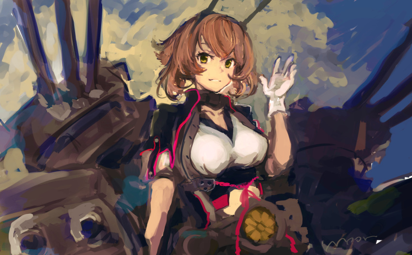 1girl bangs breasts brown_hair clouds gloves green_eyes headgear highres kantai_collection large_breasts moor mutsu_(kantai_collection) remodel_(kantai_collection) rigging sakuramon short_hair short_sleeves signature sky smile solo tassel upper_body white_gloves