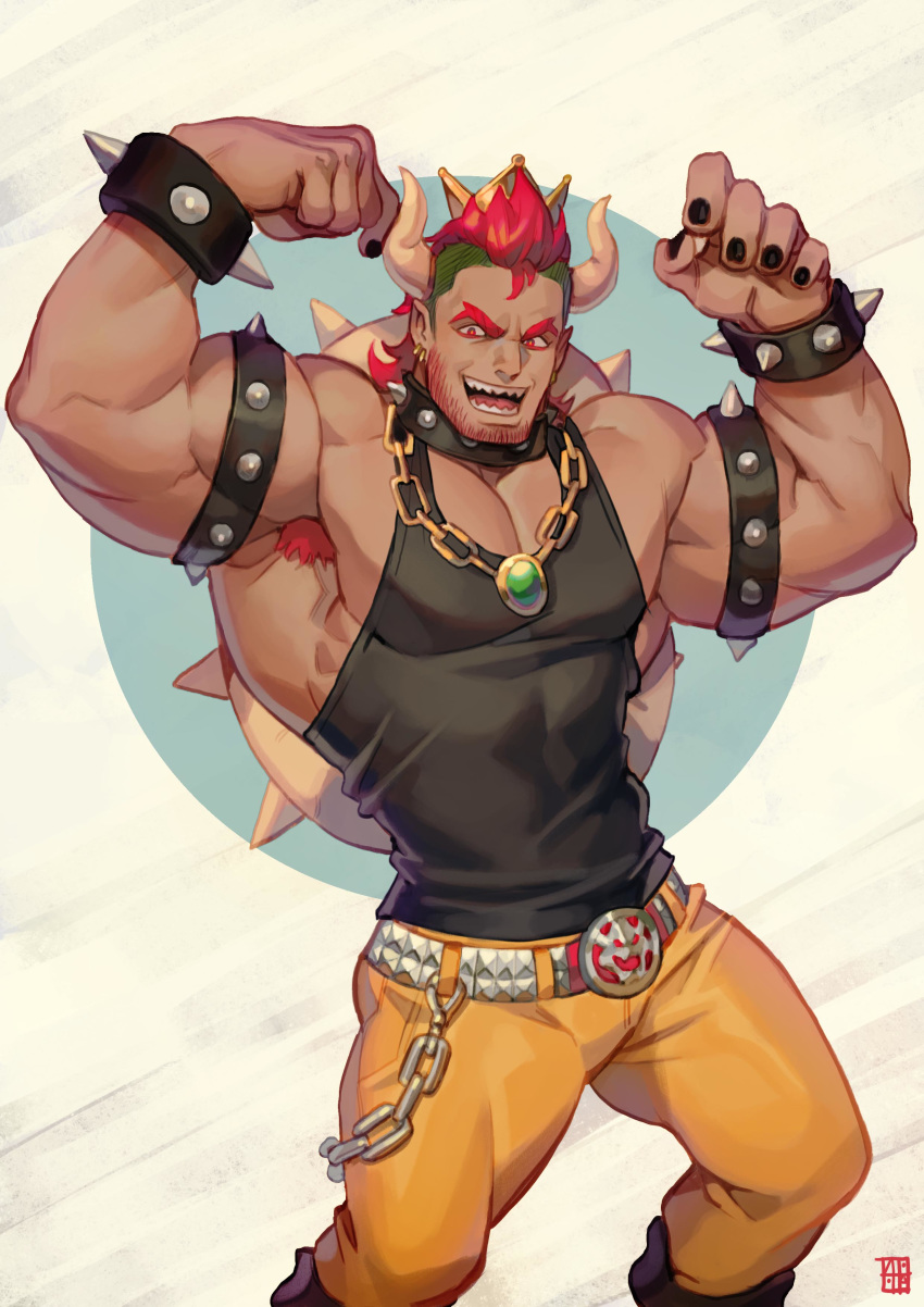 1boy absurdres alejandro_tio armband armpit_hair armpits bara belt black_nails black_tank_top bowser bracelet chest covered_abs feet_out_of_frame flexing highres jewelry king_koopa lying male_focus muscle necklace on_back pants pose short_hair solo spiked_bracelet spikes tank_top the_super_mario_bros._super_show! thick_thighs thighs yellow_pants
