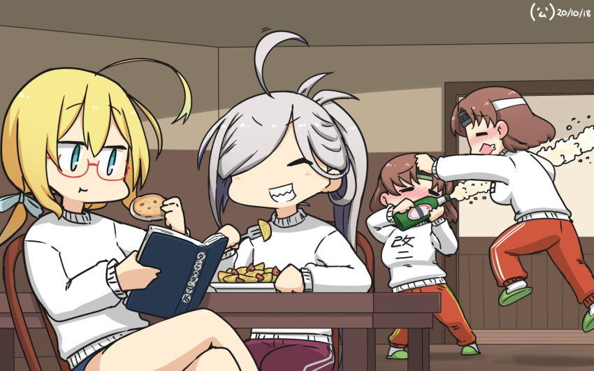 4girls ahoge alcohol alternate_costume asashimo_(kantai_collection) beer blonde_hair blue_eyes book breasts brown_hair chiyoda_(kantai_collection) closed_eyes clothes_removed commentary_request cookie dated drunk dual_persona eating food glasses grin hair_over_one_eye hamu_koutarou hat headband highres i-8_(kantai_collection) kantai_collection large_breasts long_hair low_twintails multiple_girls pants ponytail reading red-framed_eyewear red_pants sailor_hat school_swimsuit semi-rimless_eyewear sharp_teeth short_hair silver_hair smile sweater swimsuit swimsuit_under_clothes table teeth thigh-highs track_pants translation_request twintails under-rim_eyewear white_sweater