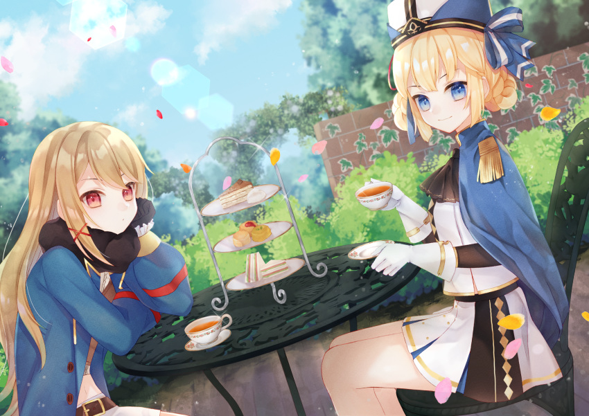 2girls arch ascot azur_lane bangs belt black_gloves black_neckwear black_scarf blonde_hair blue_cape blue_coat blue_eyes blue_headwear blue_sky braid brick_wall brown_belt bush cake cake_slice cape chair clouds coat commentary_request crossed_bangs cup day dutch_angle epaulettes food garden glint gloves hair_between_eyes hair_ornament hardy_(azur_lane) hat head_rest highres holding holding_cup hunter_(azur_lane) lens_flare light_brown_hair long_hair long_sleeves looking_at_viewer midriff military_hat multiple_girls navel no_headwear ougi_(u_to4410) outdoors petals plant plate red_eyes ribbon sandwich scarf shirt short_shorts shorts sidelocks sitting skirt sky smile table tea teacup tiered_tray trench_coat white_gloves white_shirt white_shorts white_skirt x_hair_ornament