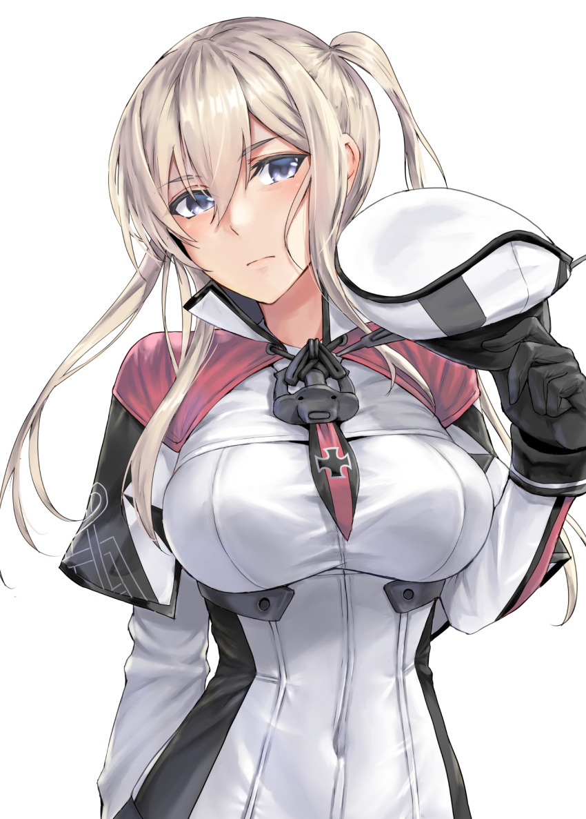 1girl black_gloves blonde_hair blush breasts capelet closed_mouth eyebrows_visible_through_hair gloves graf_zeppelin_(kantai_collection) hair_between_eyes hat highres holding holding_clothes holding_hat kantai_collection kokuzou large_breasts long_hair long_sleeves military military_uniform peaked_cap simple_background solo uniform upper_body violet_eyes white_background