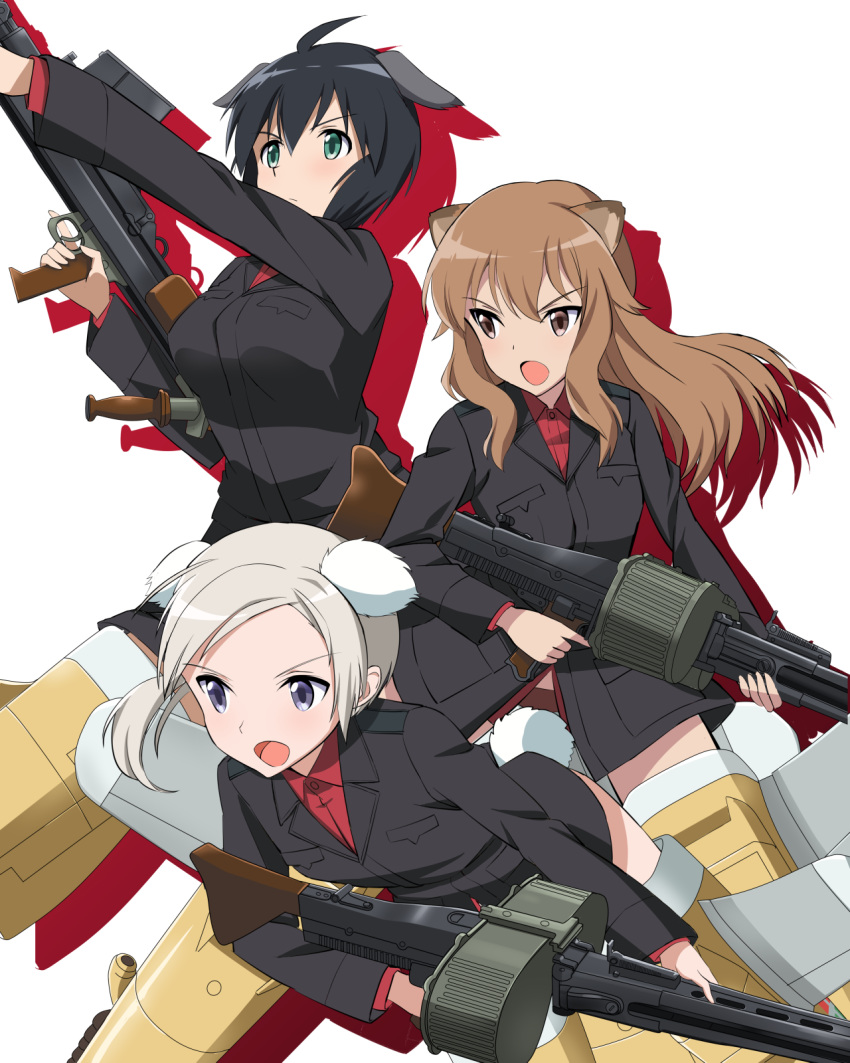 3girls ahoge animal_ears anti-tank_rifle black_hair boys_anti_tank_rifle brown_eyes commentary dog_ears fernandia_malvezzi green_eyes grey_hair gun highres kaneko_(novram58) light_brown_hair long_hair luciana_mazzei machine_gun martina_crespi mg42 multiple_girls open_mouth side_ponytail striker_unit uniform violet_eyes weapon white_background world_witches_series