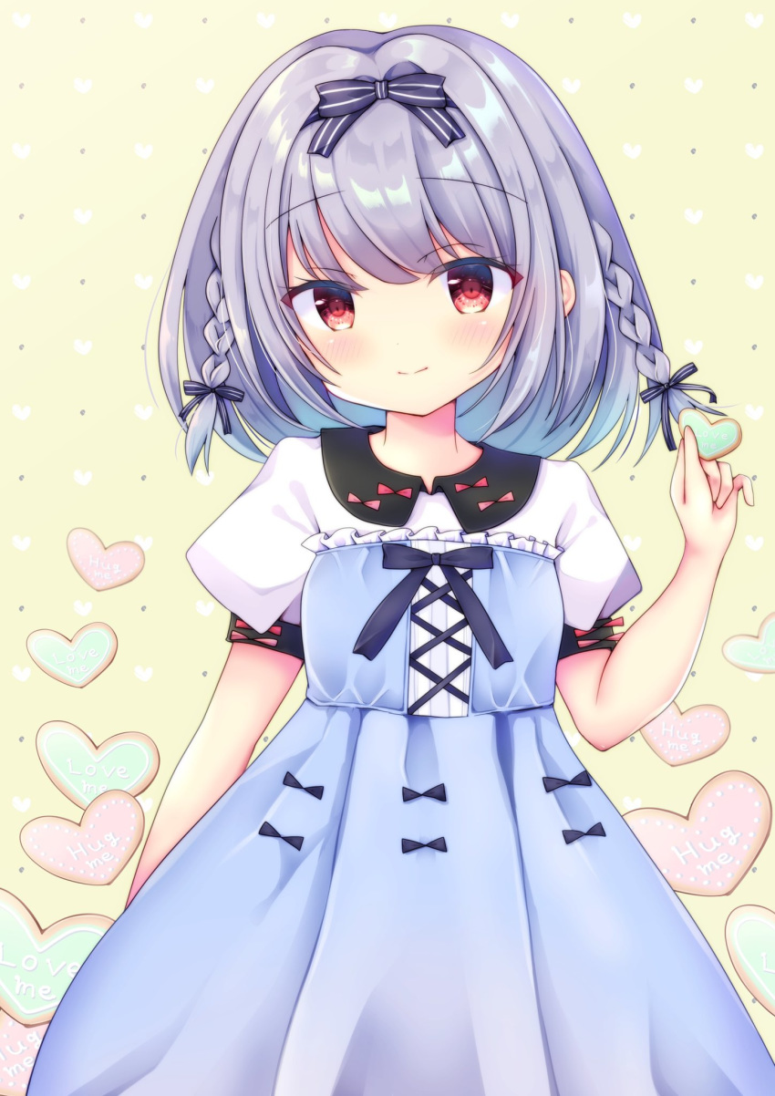 1girl blue_bow blue_dress blue_ribbon bow braid closed_mouth collared_dress cross-laced_clothes dress hair_bow hair_ribbon heart highres holding long_dress miwa_uni original puffy_short_sleeves puffy_sleeves red_eyes ribbon short_hair short_sleeves smile solo twin_braids
