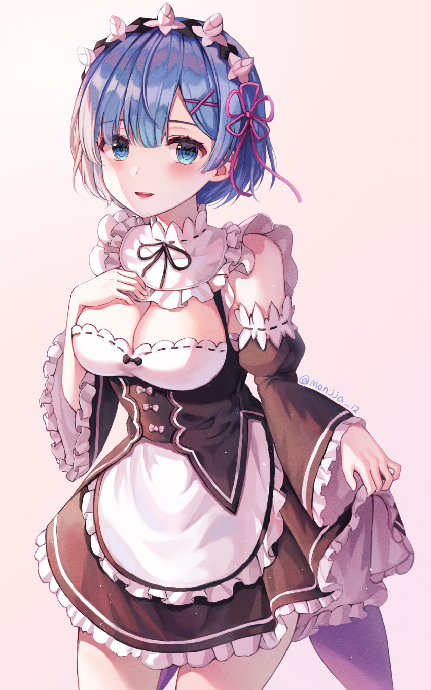 1girl absurdres blue_eyes blue_hair blush breasts commentary detached_sleeves hair_ornament highres looking_at_viewer maid monjja re:zero_kara_hajimeru_isekai_seikatsu rem_(re:zero) ribbon roswaal_mansion_maid_uniform short_hair solo x_hair_ornament