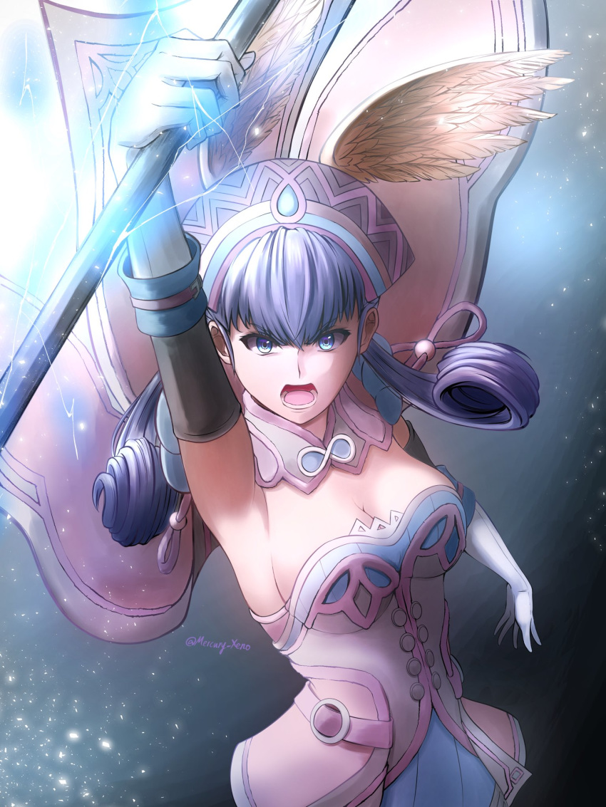 1girl breasts cape cowboy_shot dress from_above gloves grey_eyes hat head_wings highres holding holding_staff large_breasts magic melia_antiqua mercury_xeno open_mouth short_dress silver_hair solo staff white_gloves xenoblade_chronicles xenoblade_chronicles_(series)