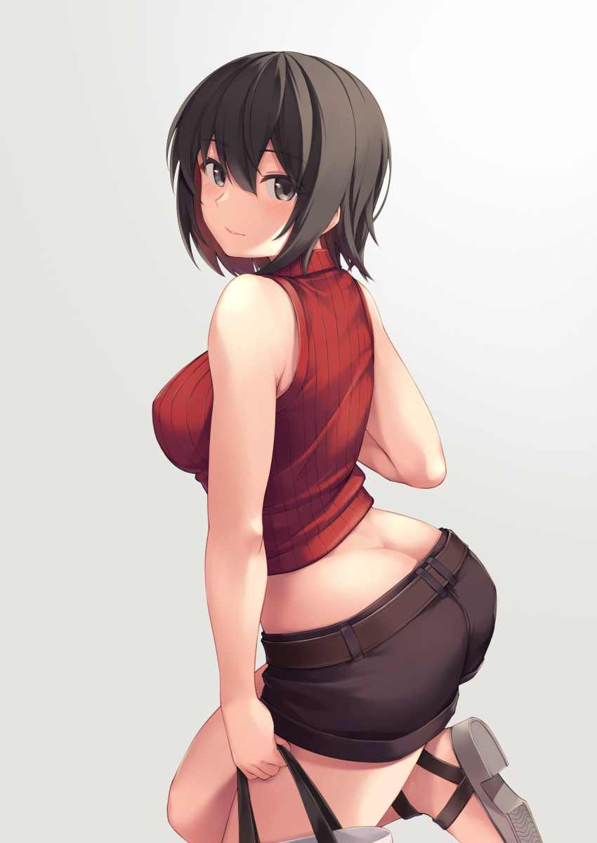 1girl absurdres ass bag bare_arms bare_shoulders belt black_eyes black_hair black_shorts breasts butt_crack crop_top highres holding leg_up looking_at_viewer looking_back medium_breasts midriff original red_shirt ribbed_shirt ributsu sandals shirt short_hair short_shorts shorts simple_background sleeveless sleeveless_shirt solo white_background