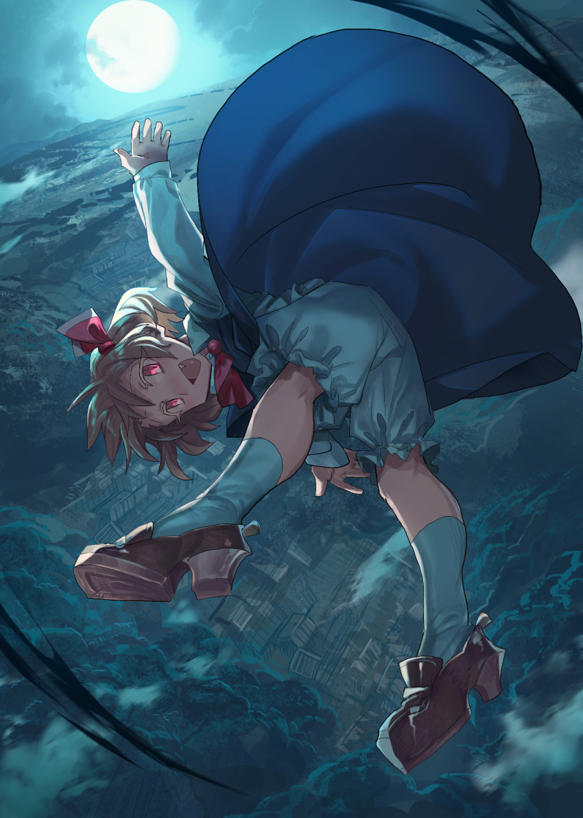 1girl :d above_clouds black_skirt blonde_hair bloomers brown_footwear clouds colored_eyelashes dutch_angle fang flying forest from_above from_behind full_body full_moon hair_ribbon highres horizon kneehighs looking_at_viewer mary_janes moon moonlight nature necktie night open_mouth outdoors red_neckwear red_ribbon ribbon shichigatsu shoes short_hair skirt skirt_lift skirt_set slit_pupils smile solo touhou underskirt underwear village white_legwear