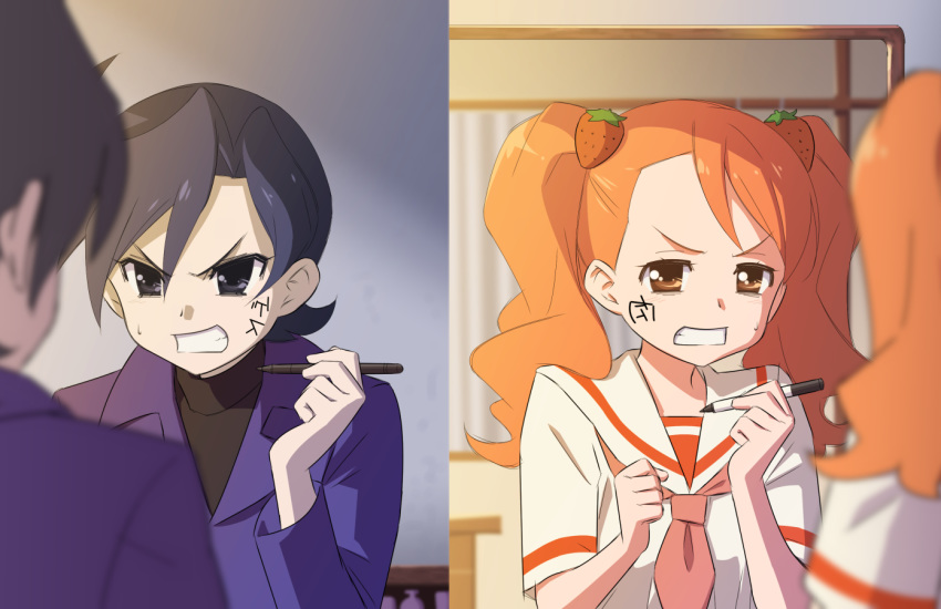 1boy 1girl angry asymmetrical_bangs bangs black_eyes black_hair blazer brown_eyes clenched_hand clenched_teeth commentary_request face_painting food_themed_hair_ornament hair_intakes hair_ornament holding holding_pen indoors jacket julio_(precure) kimi_no_na_wa. kirakira_precure_a_la_mode kuroki_rio long_sleeves looking_at_mirror mirror mirror_writing neckerchief orange_hair orange_neckwear orange_serafuku parody pen personality_switch precure sailor_collar school_uniform serafuku short_sleeves strawberry_hair_ornament sweatdrop teeth translated tuqi_pix turtleneck twintails upper_body usami_ichika v-shaped_eyebrows