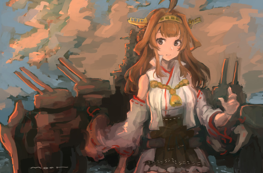 1girl ahoge bangs black_eyes breasts brown_hair clouds detached_sleeves frilled_skirt frills headgear highres japanese_clothes kantai_collection kongou_(kantai_collection) long_hair moor outdoors remodel_(kantai_collection) ribbon-trimmed_sleeves ribbon_trim rigging signature skirt sky solo wide_sleeves