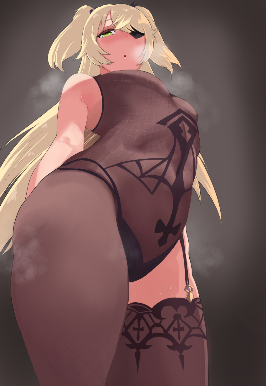 1girl absurdres armpit_crease bare_shoulders blonde_hair blush bodysuit breasts eyepatch fischl_(genshin_impact) fishnet_legwear fishnets garter_straps genshin_impact green_eyes hair_ornament heavy_breathing highres long_hair looking_at_viewer open_mouth pantyhose single_thighhigh sleeveless solo spookyougi94 steaming_body sweat thigh-highs thighs twintails