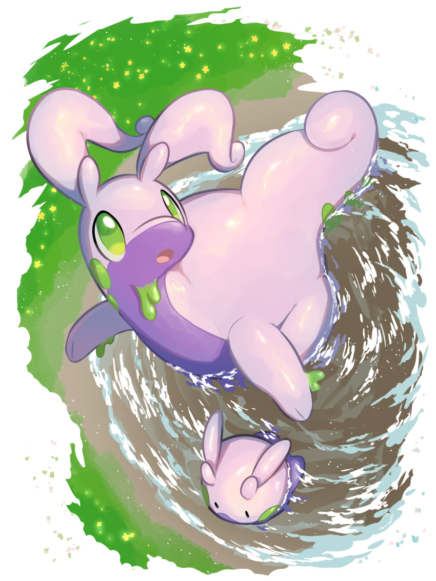 commentary_request from_above gen_6_pokemon goodra goomy grass green_eyes highres looking_up no_humans nullma open_mouth pokemon pokemon_(creature) tongue wading water