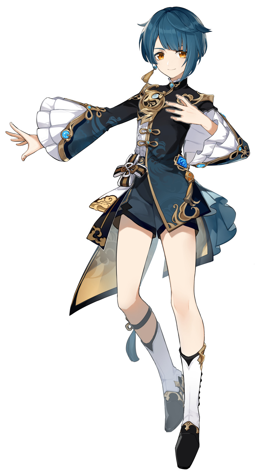 1boy absurdres black_jacket black_shorts blue_hair boots brown_eyes chinese_clothes earrings eyebrows_visible_through_hair full_body genshin_impact highres jacket jewelry knee_boots male_focus official_art short_hair short_shorts shorts solo transparent_background xingqiu_(genshin_impact)