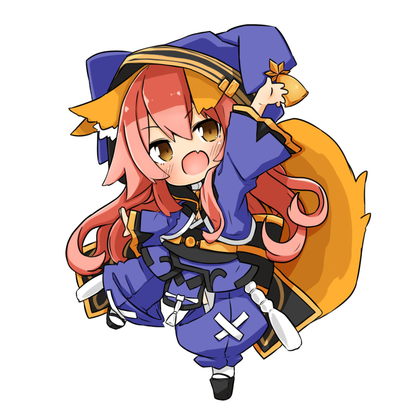 animal_ear_fluff animal_ears arm_up bangs bell blue_kimono bluepalettes blush chibi fang fate/extra fate/grand_order fate_(series) fox_ears fox_girl fox_tail highres hood hood_up japanese_clothes kimono long_hair obi official_alternate_costume open_mouth pink_hair platform_footwear sash simple_background skin_fang tail tamamo_(fate) tamamo_no_mae_(fate/extra) tamamo_no_mae_(the_faithful_dog_who_waits)_(fate) tassel thigh-highs white_background white_thighhighs wide_sleeves yellow_eyes