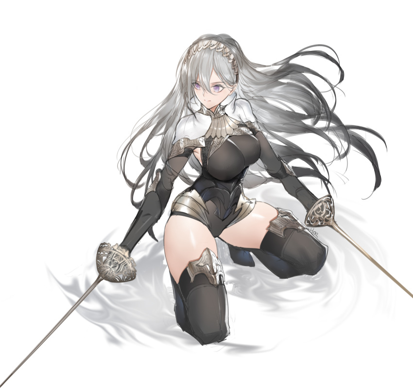 1girl armor black_footwear black_gloves boots breasts commentary_request dual_wielding elbow_gloves gloves hair_between_eyes hairband high_heel_boots high_heels highres holding horz large_breasts leotard long_hair original rapier silver_hair solo squatting sword thigh-highs thigh_boots underbust very_long_hair violet_eyes weapon